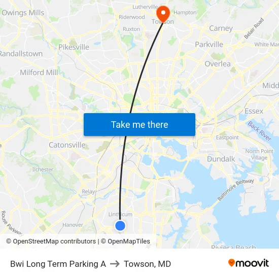 Bwi Long Term Parking A to Towson, MD map
