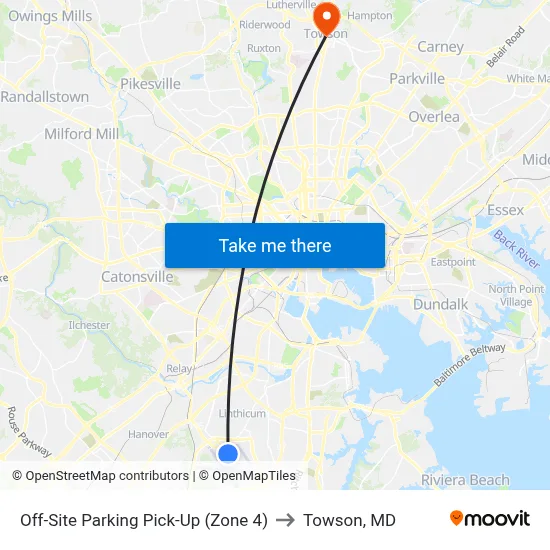 Off-Site Parking Pick-Up (Zone 4) to Towson, MD map