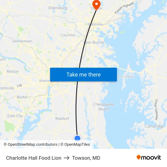 Charlotte Hall Food Lion to Towson, MD map
