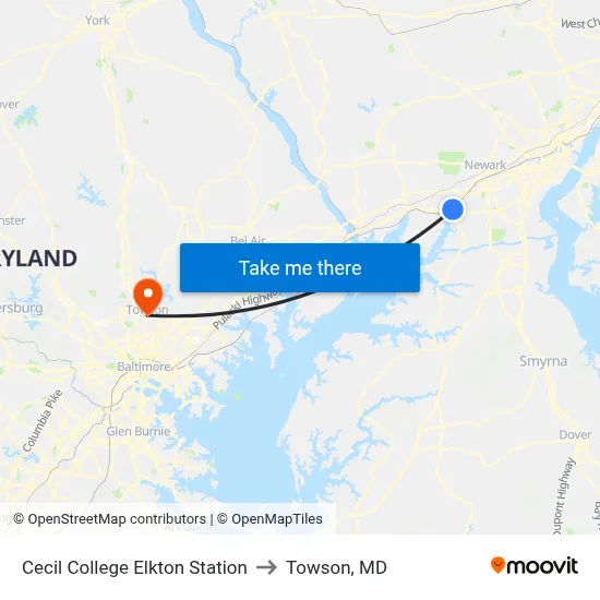 Cecil College Elkton Station to Towson, MD map