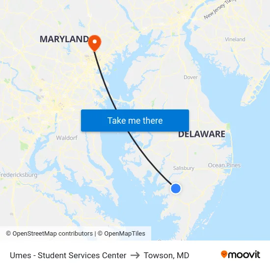 Umes - Student Services Center to Towson, MD map