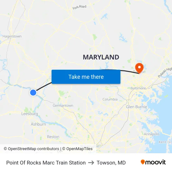 Point Of Rocks Marc Train Station to Towson, MD map