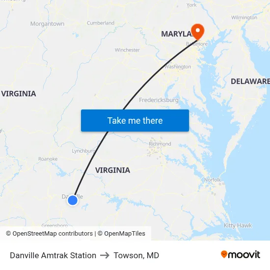 Danville Amtrak Station to Towson, MD map