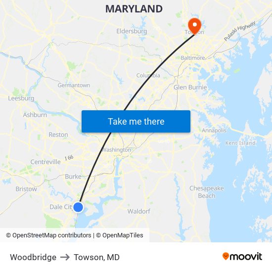 Woodbridge to Towson, MD map