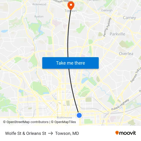 Wolfe St & Orleans St to Towson, MD map