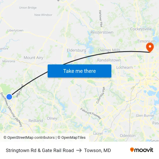 Stringtown Rd & Gate Rail Road to Towson, MD map