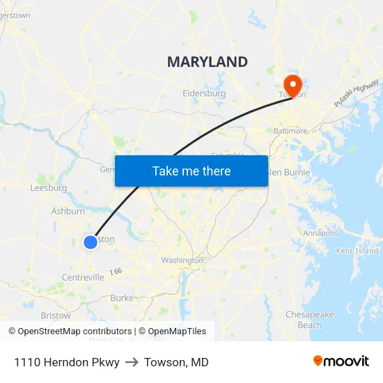 1110 Herndon Pkwy to Towson, MD map