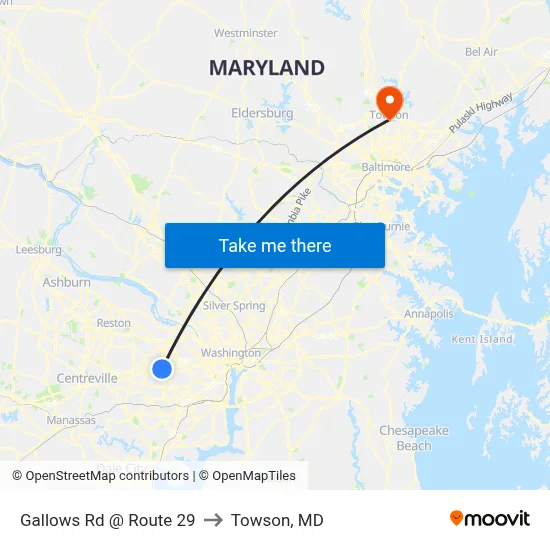 Gallows Rd @ Route 29 to Towson, MD map
