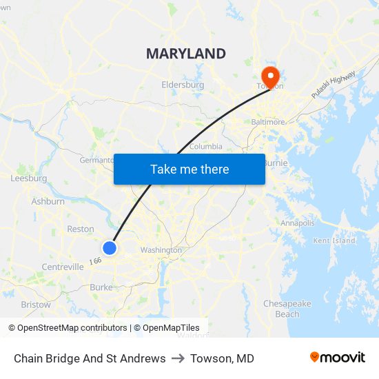 Chain Bridge And St Andrews to Towson, MD map