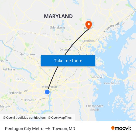 Pentagon City Metro to Towson, MD map