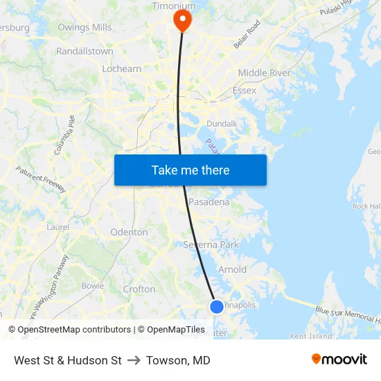 West St & Hudson St to Towson, MD map