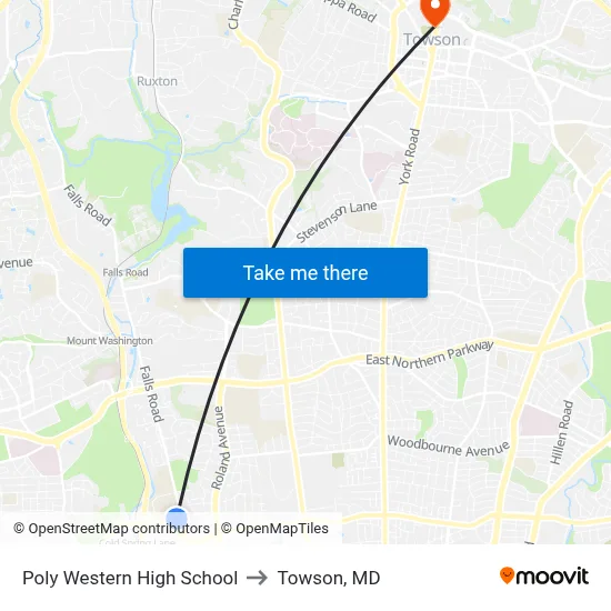 Poly Western High School to Towson, MD map