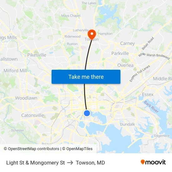 Light St & Mongomery St to Towson, MD map