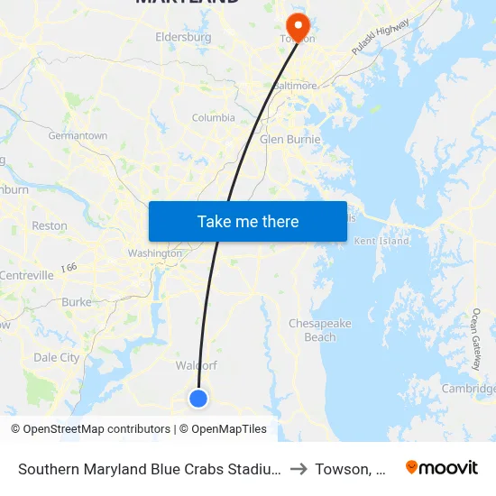 Southern Maryland Blue Crabs Stadium to Towson, MD map