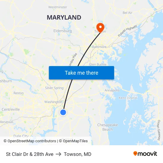 St Clair Dr & 28th Ave to Towson, MD map