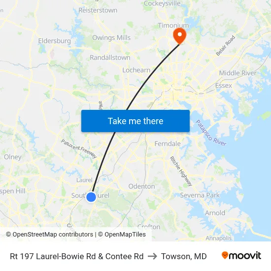 Rt 197 Laurel-Bowie Rd & Contee Rd to Towson, MD map