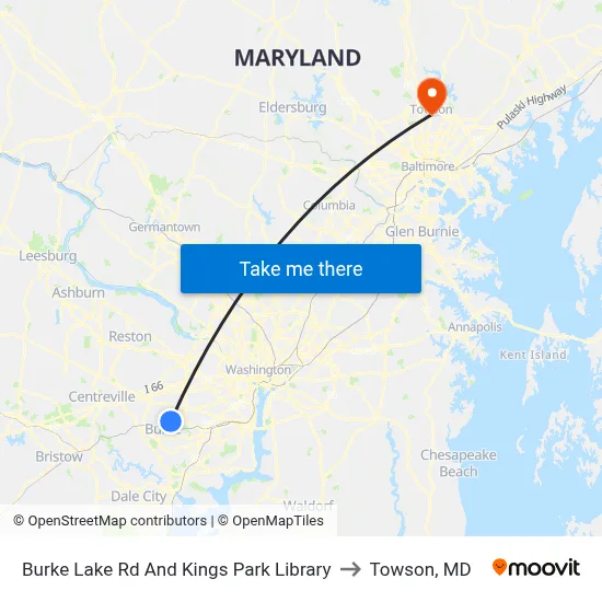 Burke Lake Rd And Kings Park Library to Towson, MD map