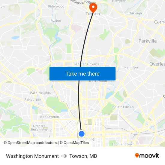 Washington Monument to Towson, MD map