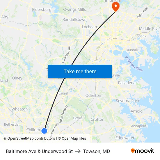 Baltimore Ave & Underwood St to Towson, MD map