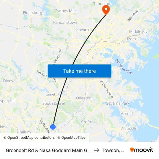 Greenbelt Rd & Nasa Goddard Main Gate to Towson, MD map