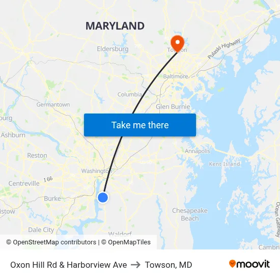 Oxon Hill Rd & Harborview Ave to Towson, MD map