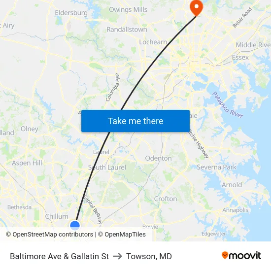 Baltimore Ave & Gallatin St to Towson, MD map