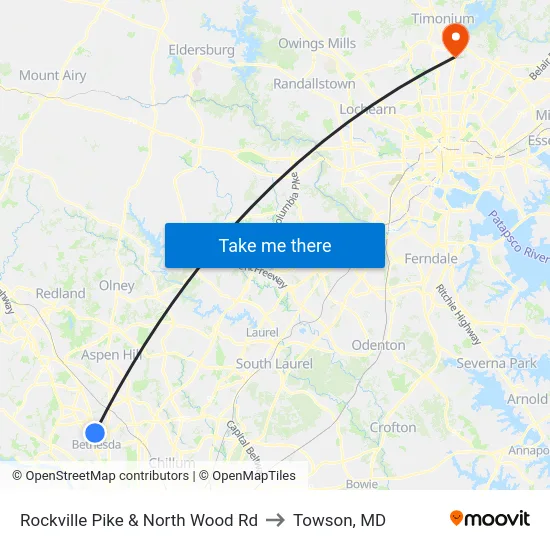 Rockville Pike & North Wood Rd to Towson, MD map