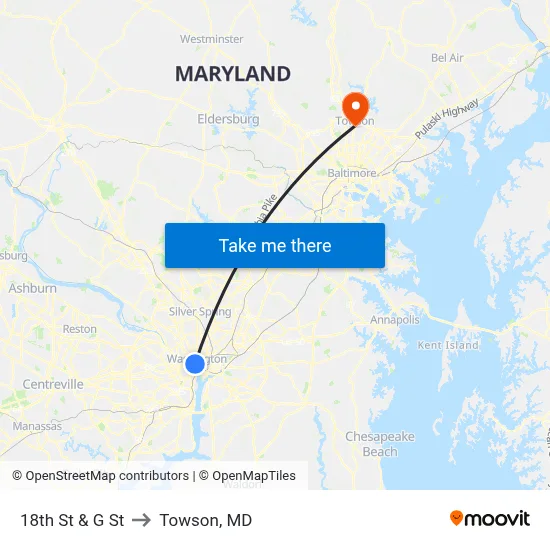 18th St & G St to Towson, MD map