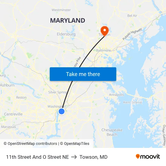 11th Street And O Street NE to Towson, MD map