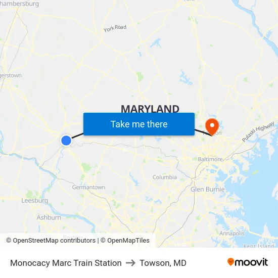 Monocacy Marc Train Station to Towson, MD map