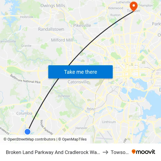Broken Land Parkway And Cradlerock Way South (Northbound) to Towson, MD map