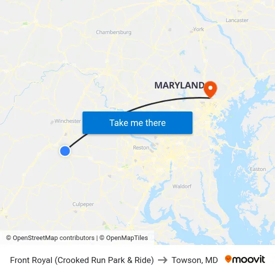 Front Royal (Crooked Run Park & Ride) to Towson, MD map