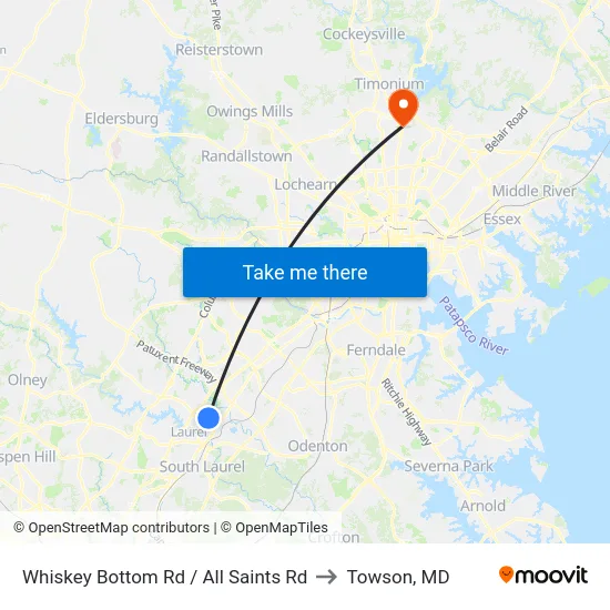Whiskey Bottom Rd / All Saints Rd to Towson, MD map