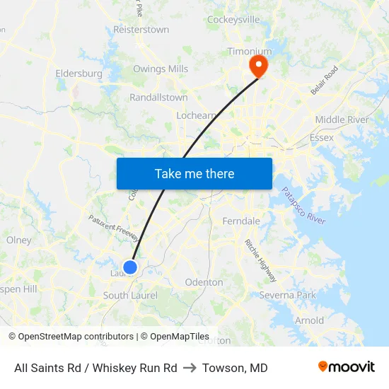 All Saints Rd / Whiskey Run Rd to Towson, MD map