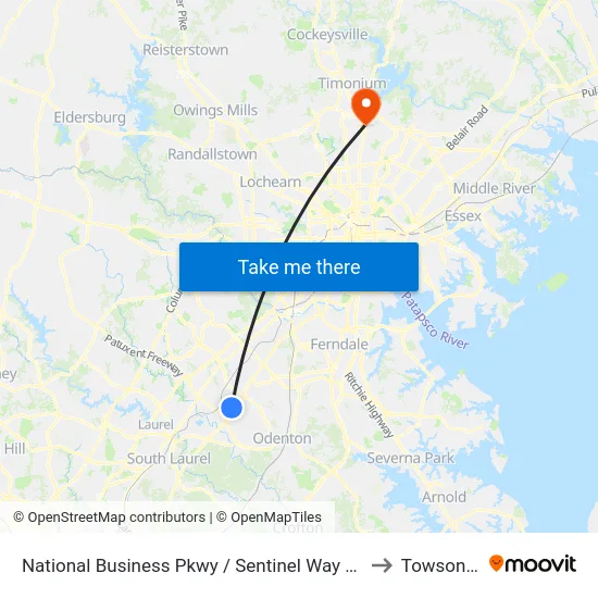 National Business Pkwy / Sentinel Way (Northbound) to Towson, MD map