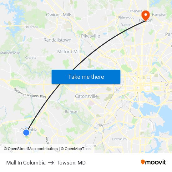 Mall In Columbia to Towson, MD map