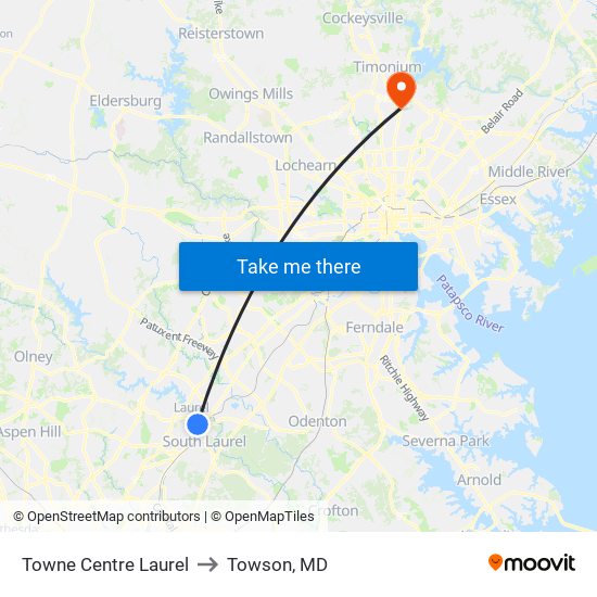 Towne Centre Laurel to Towson, MD map