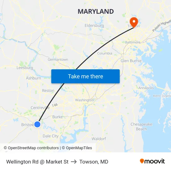 Wellington Rd @ Market St to Towson, MD map