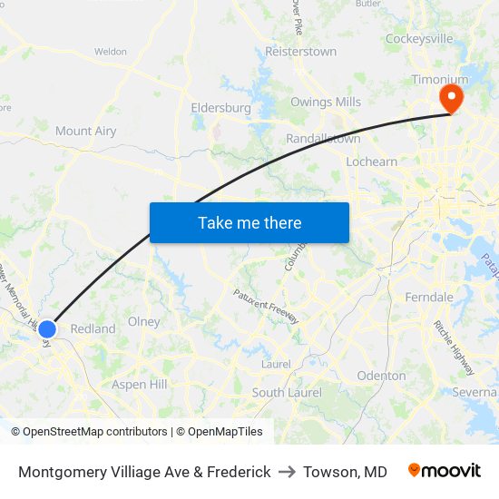 Montgomery Villiage Ave & Frederick to Towson, MD map