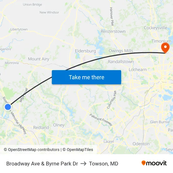 Broadway Ave & Byrne Park Dr to Towson, MD map