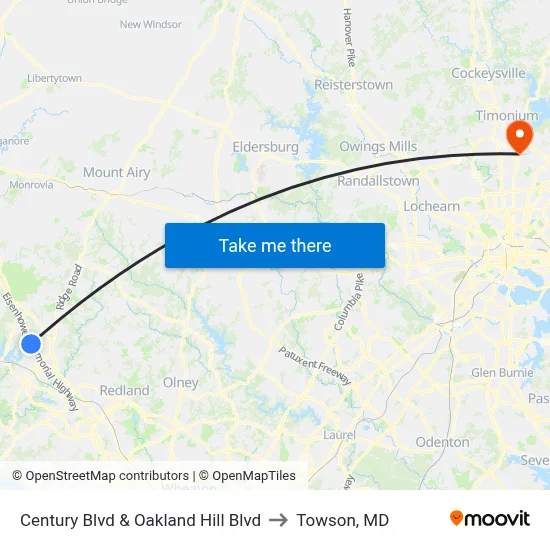 Century Blvd & Oakland Hill Blvd to Towson, MD map