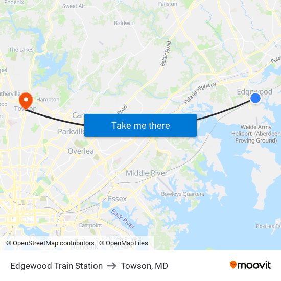 Edgewood Train Station to Towson, MD map
