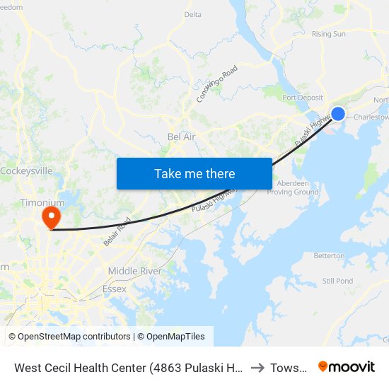 West Cecil Health Center (4863 Pulaski Hwy/Us 40 at Roundabout) to Towson, MD map