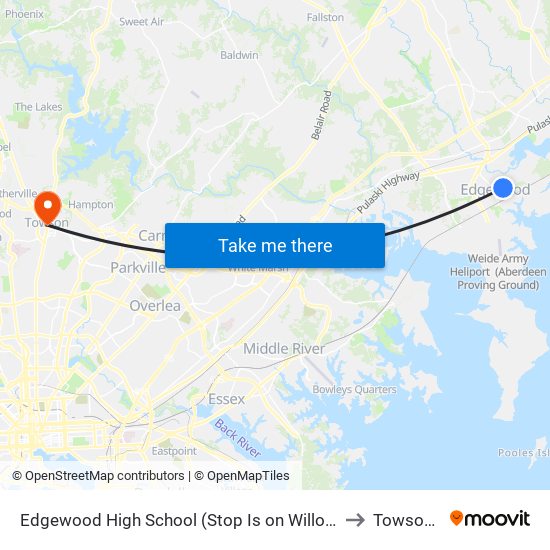 Edgewood High School (Stop Is on Willoughby Beach Rd) to Towson, MD map