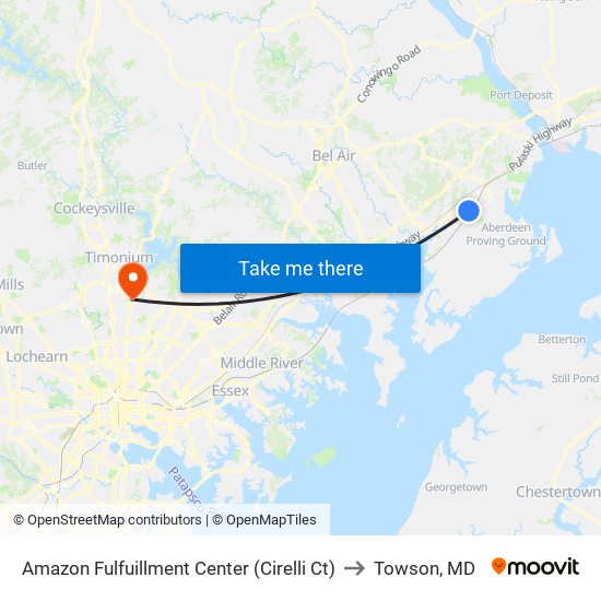 Amazon Fulfuillment Center (Cirelli Ct) to Towson, MD map