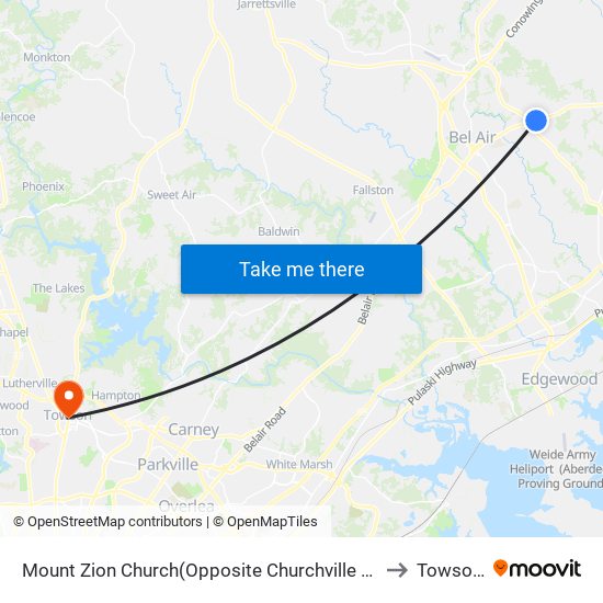 Mount Zion Church(Opposite Churchville Rd/Rt 22 & Andreas Dr) to Towson, MD map