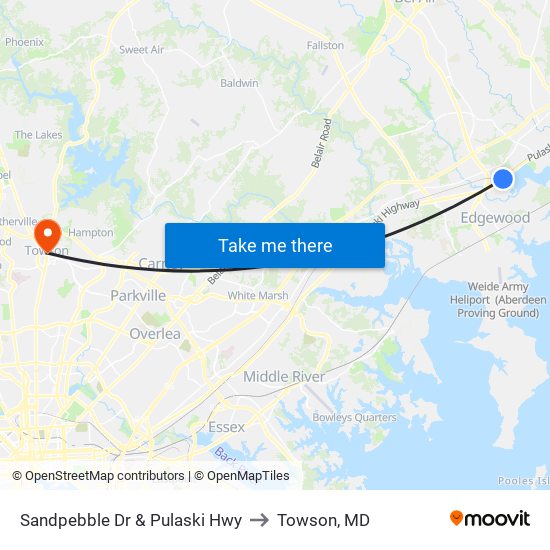 Sandpebble Dr & Pulaski Hwy to Towson, MD map