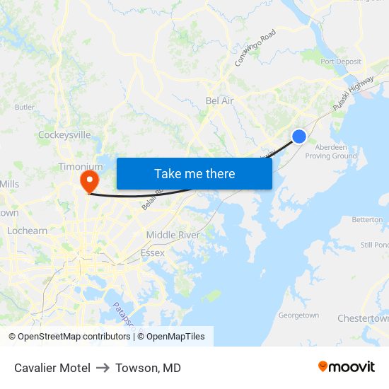 Cavalier Motel to Towson, MD map