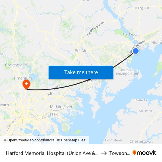 Harford Memorial Hospital (Union Ave & Revolution St) to Towson, MD map