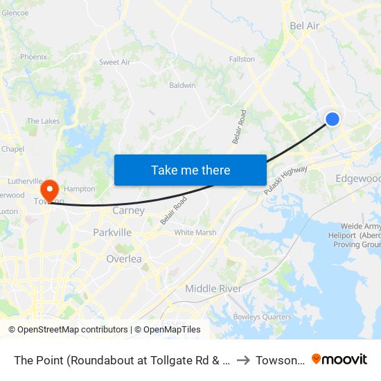 The Point (Roundabout at Tollgate Rd & Westover Ln) to Towson, MD map